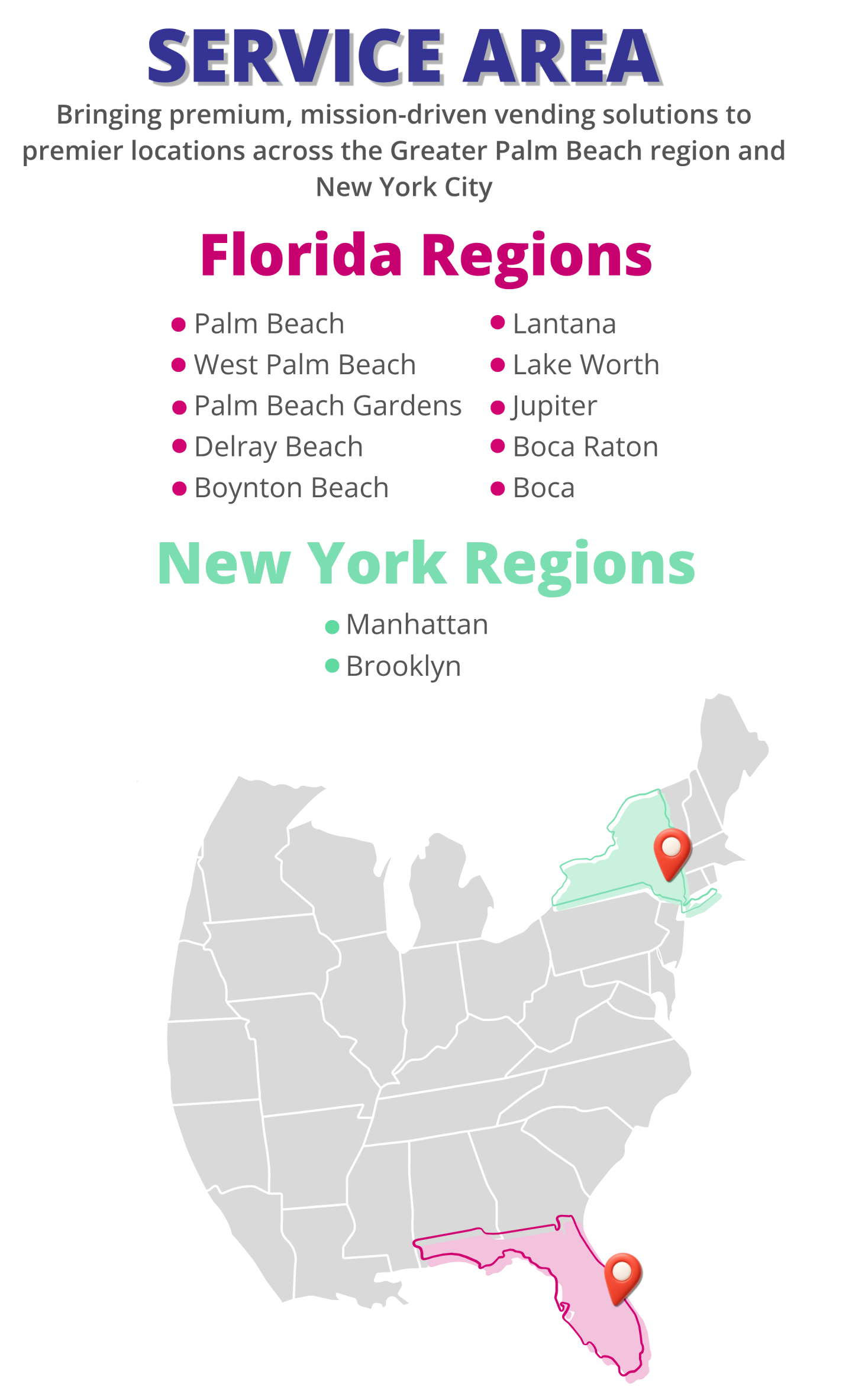 Map and graphic highlighting the local service areas covered by Special Vending - Mobile view
