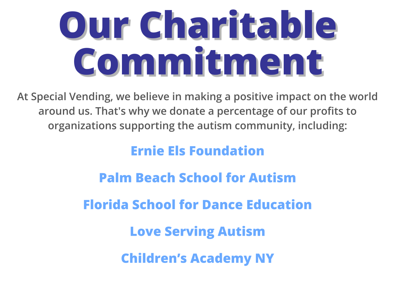 Graphic detailing Special Vending proceeds donated to partner charities and vocational programs - Tablet/Mobile view