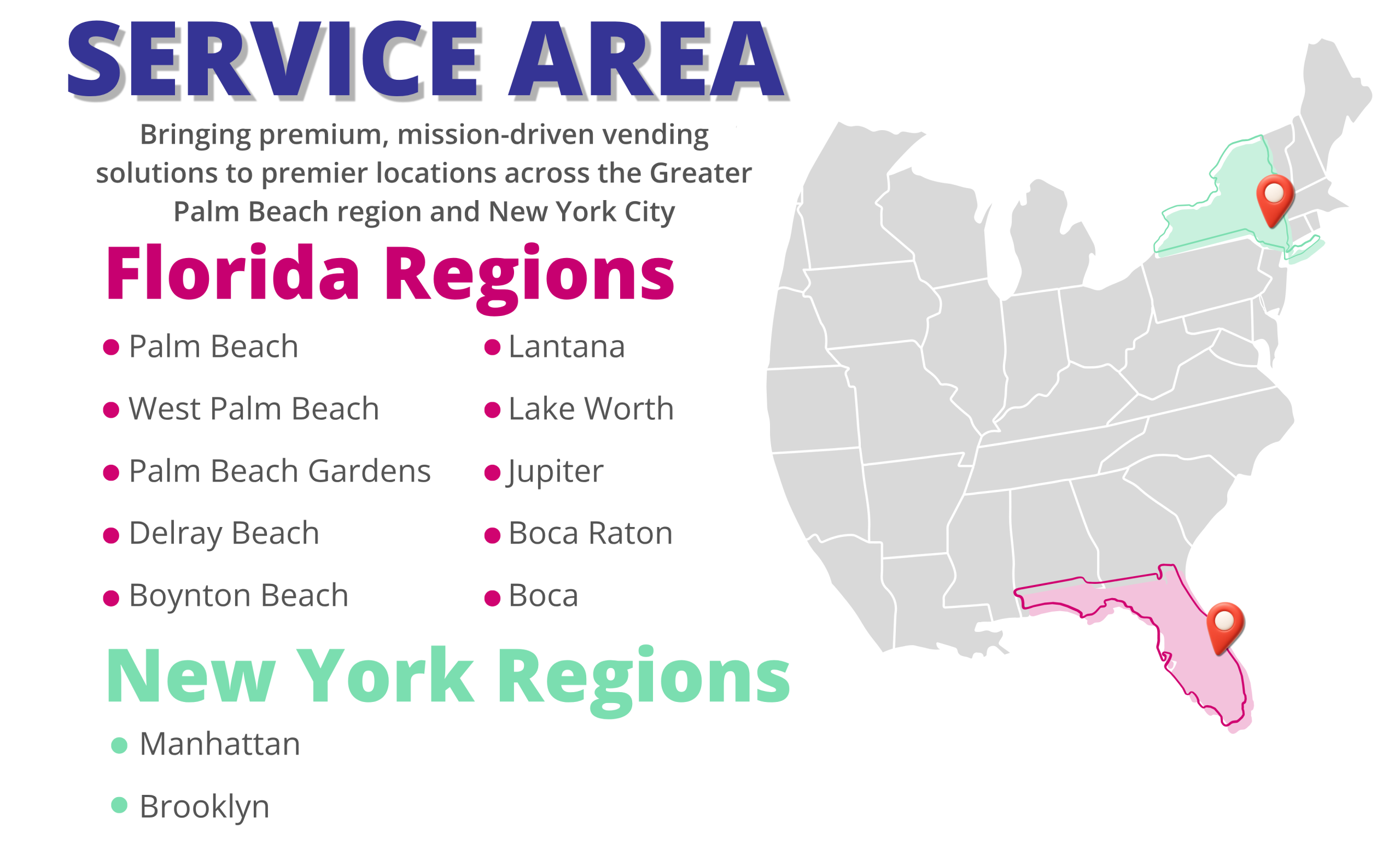 Map and graphic highlighting the local service areas covered by Special Vending - Tablet view